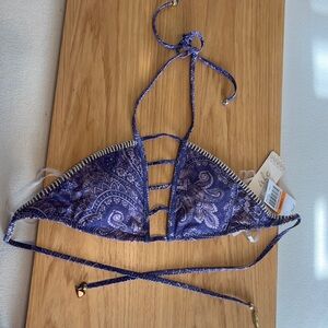 Ale by Alessandra Blueish-Purple Paisley Bikini Top Small Feather Stone Charm